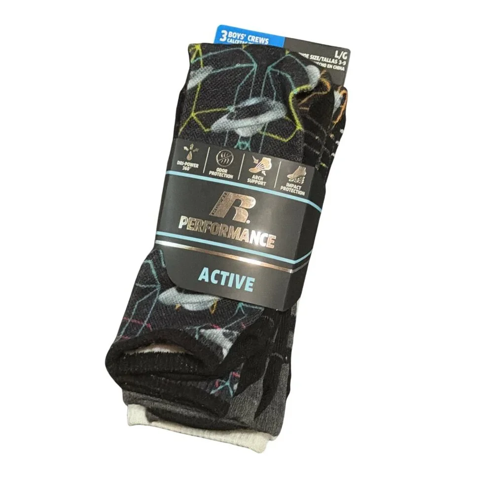 NWT Russell Boys 3-Pack Large Crew Socks‎ Shoe 3-9 Active Performance Dri-Power